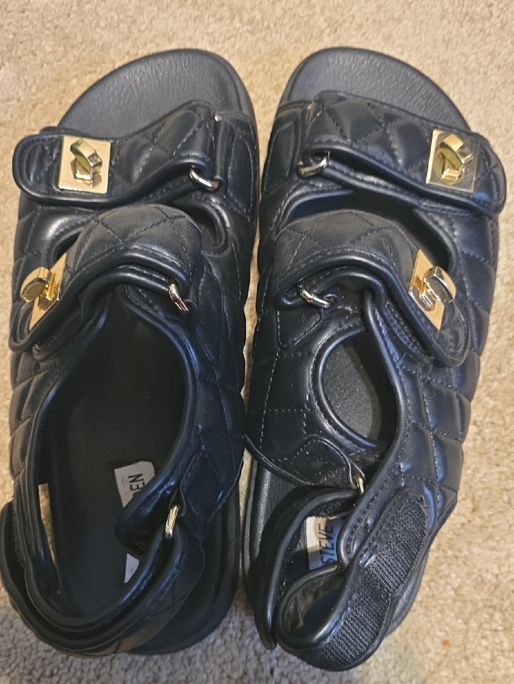 Steve Madden Quilted Black Sandals with Gold Hardware